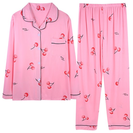 2Pcs Floral Printed Pajama Set - Solid Color Round Collar Neck Long Sleeves With Trouser Sleepwear For Women Nightwear - Barbie Pink 2Pcs Floral Printed Pajama Set - Solid Color Round Collar Neck Long Sleeves With Trouser Sleepwear For Women Nightwear - Barbie Pink