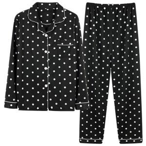 2Pcs Polka Printed Pajama Set - Solid Color Round Collar Neck Long Sleeves With Trouser Sleepwear For Women Nightwear - Black
