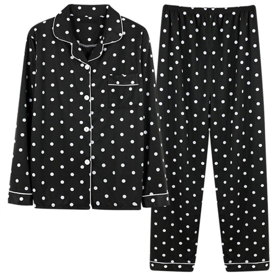  2Pcs Polka Printed Pajama Set - Solid Color Round Collar Neck Long Sleeves With Trouser Sleepwear For Women Nightwear - Black