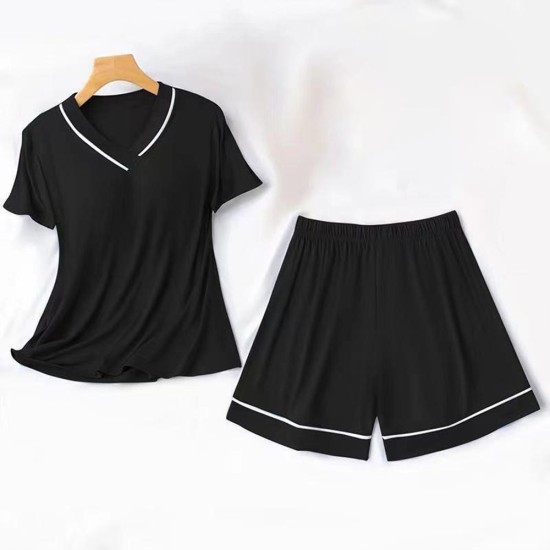 3Pcs Solid Color Pajama Set - V Neck Half Sleeves Short Trouser Shirt With Long Shirt Sleepwear For Women Nightwear - Black 3Pcs Solid Color Pajama Set - V Neck Half Sleeves Short Trouser Shirt With Long Shirt Sleepwear For Women Nightwear - Black