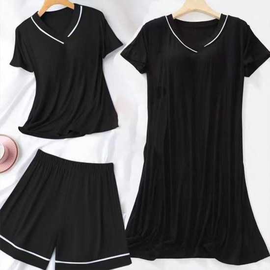 3Pcs Solid Color Pajama Set - V Neck Half Sleeves Short Trouser Shirt With Long Shirt Sleepwear For Women Nightwear - Black 3Pcs Solid Color Pajama Set - V Neck Half Sleeves Short Trouser Shirt With Long Shirt Sleepwear For Women Nightwear - Black