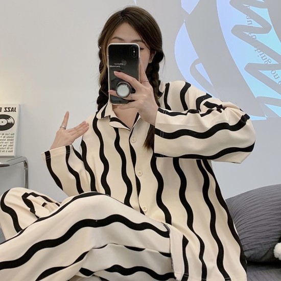 2Pcs Traditional Pajama Set - Solid Color Round Collar Neck Full Sleeves With Trouser Sleepwear For Women Nightwear - White Black