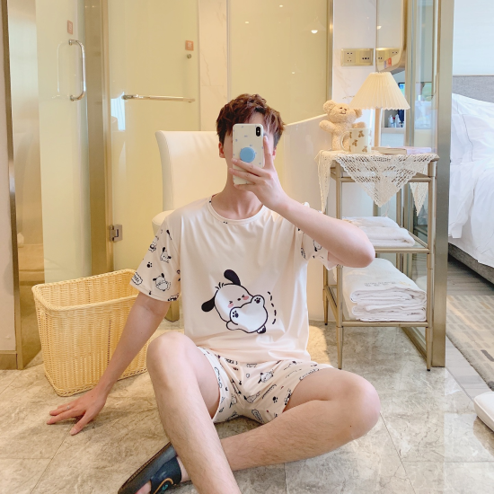 Cartoon Print 3Pcs Couple Pajama Set - Half Sleeves Short Trouser Round Neck Solid White Color Sleepwear for Men And Women Nightwear Cartoon Print 3Pcs Couple Pajama Set - Half Sleeves Short Trouser Round Neck Solid White Color Sleepwear for Men And Women Nightwear