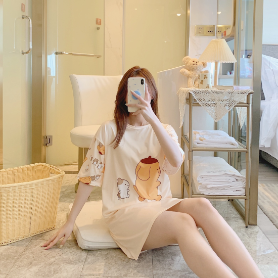 3Pcs Couple Pajama Set Cartoon Print- Round Neck Solid Skin Color Half Sleeves Short Trouser Sleepwear for Men And Women Nightwear
