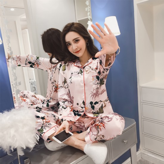 Floral Printed 2Pcs Pajama Set - Solid Light Pink Color Round Coller Neck Long Sleeves Printed Trouser Sleepwear for Women Nightwear