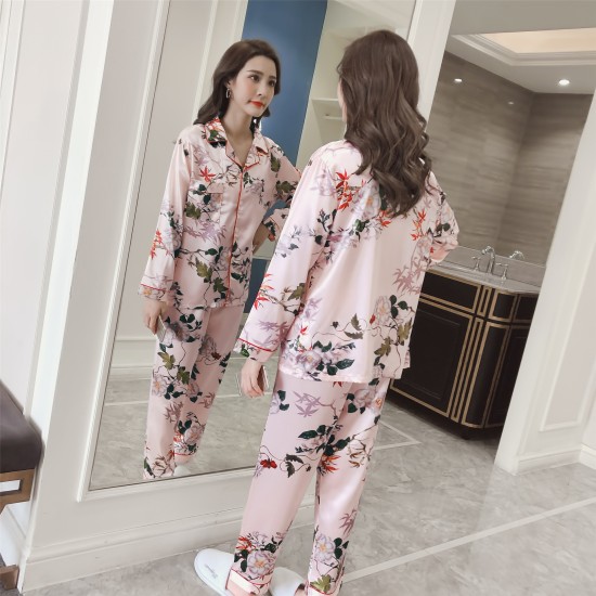 Floral Printed 2Pcs Pajama Set - Solid Light Pink Color Round Coller Neck Long Sleeves Printed Trouser Sleepwear for Women Nightwear