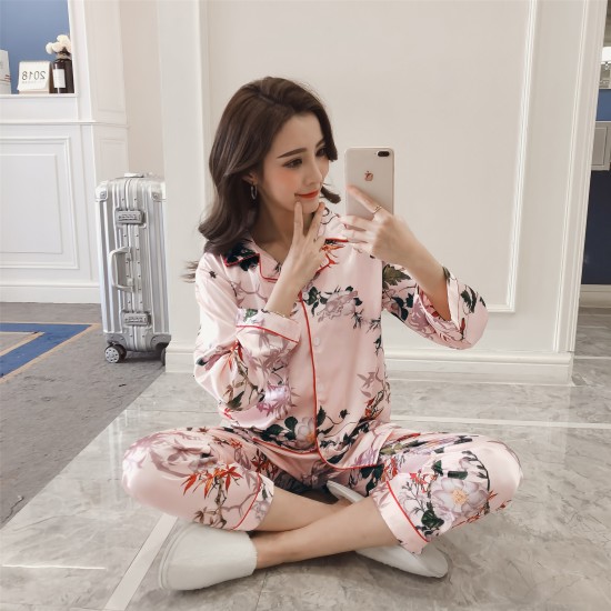 Floral Printed 2Pcs Pajama Set - Solid Light Pink Color Round Coller Neck Long Sleeves Printed Trouser Sleepwear for Women Nightwear