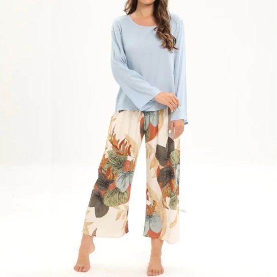 2Pcs Floral Printed Pajama Set - Solid Color Round Neck Long Sleeves Printed Trouser Sleepwear for Women Nightwear - Blue