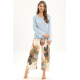  2Pcs Floral Printed Pajama Set - Solid Color Round Neck Long Sleeves Printed Trouser Sleepwear for Women Nightwear - Blue