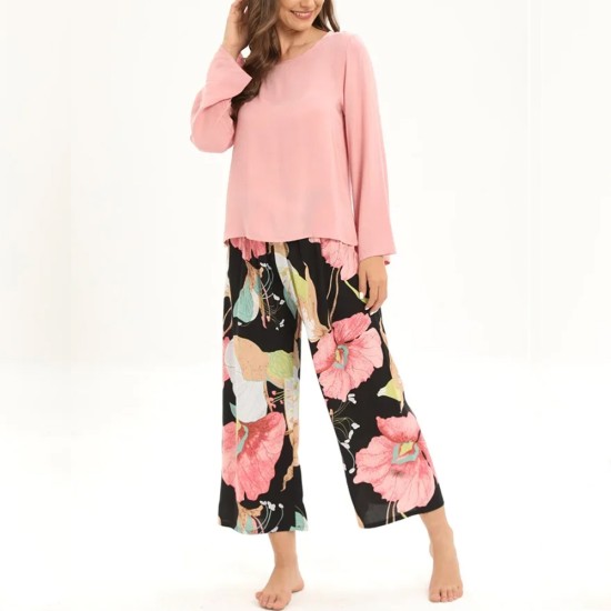 2Pcs Floral Printed Pajama Set - Solid Color Round Neck Long Sleeves Printed Trouser Sleepwear for Women Nightwear - Barbie Pink