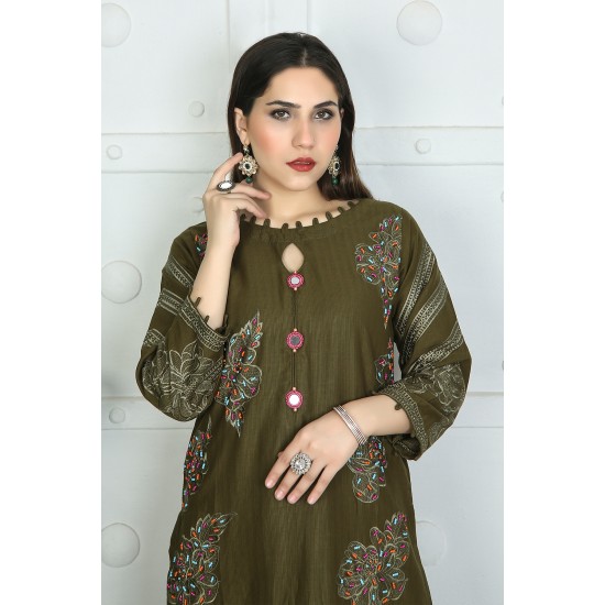 2 Piece Kurti Salwar Embroidery Set - Pure Cotton Collection Stylish Solid Color Light Weight Cotton Fabric Suit Top Bottom Salwar Kameez Indian Pakistani Embroidered Suit For Event Party Outdoor Dress - Dark Green