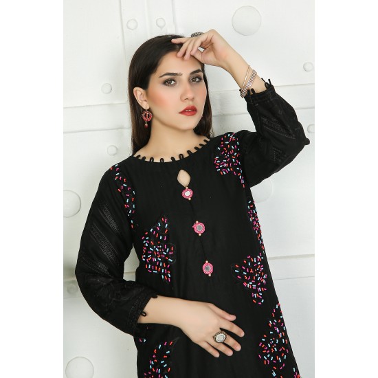 2 Piece Kurti Salwar Embroidery Set - Pure Cotton Collection Stylish Solid Color Light Weight Cotton Fabric Suit Top Bottom Salwar Kameez Indian Pakistani Embroidered Suit For Event Party Outdoor Dress - Black
