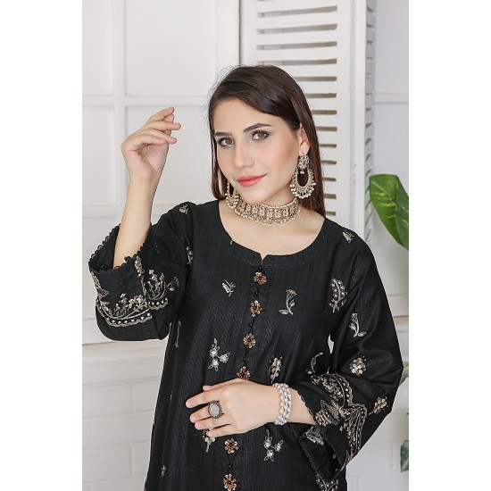 2 Piece Kurti Salwar Embroidery Set - Pure Cotton Collection Stylish Solid Color Light Weight Cotton Fabric Suit Top Bottom Salwar Kameez Indian Pakistani Embroidered Suit For Event Party Outdoor Dress - Black