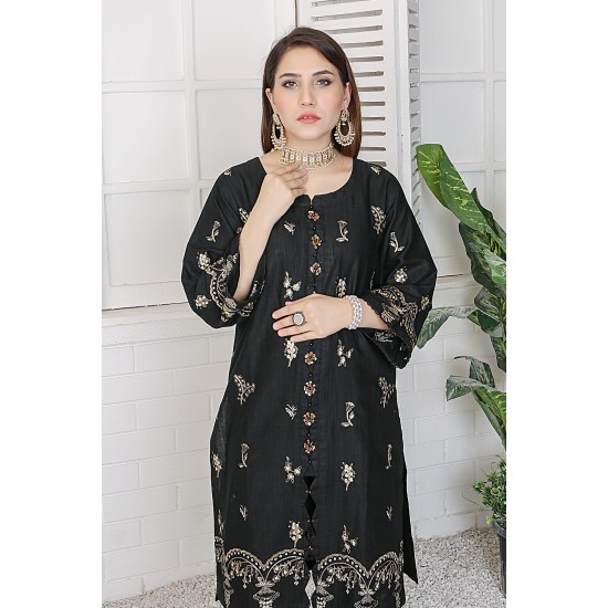 2 Piece Kurti Salwar Embroidery Set - Pure Cotton Collection Stylish Solid Color Light Weight Cotton Fabric Suit Top Bottom Salwar Kameez Indian Pakistani Embroidered Suit For Event Party Outdoor Dress - Black