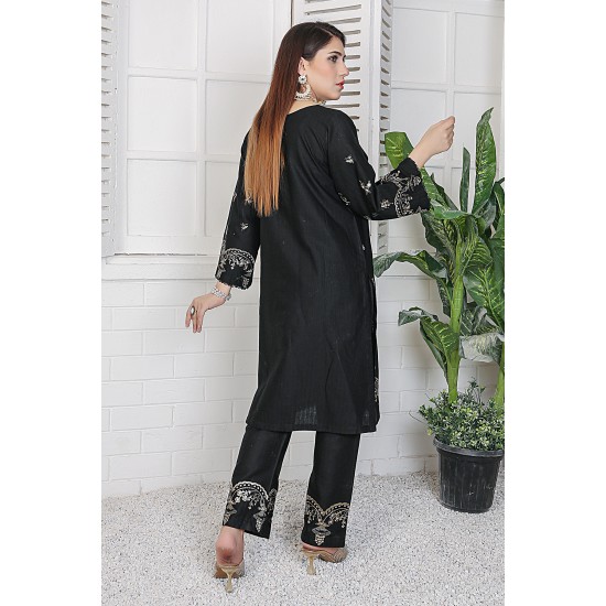 2 Piece Kurti Salwar Embroidery Set - Pure Cotton Collection Stylish Solid Color Light Weight Cotton Fabric Suit Top Bottom Salwar Kameez Indian Pakistani Embroidered Suit For Event Party Outdoor Dress - Black