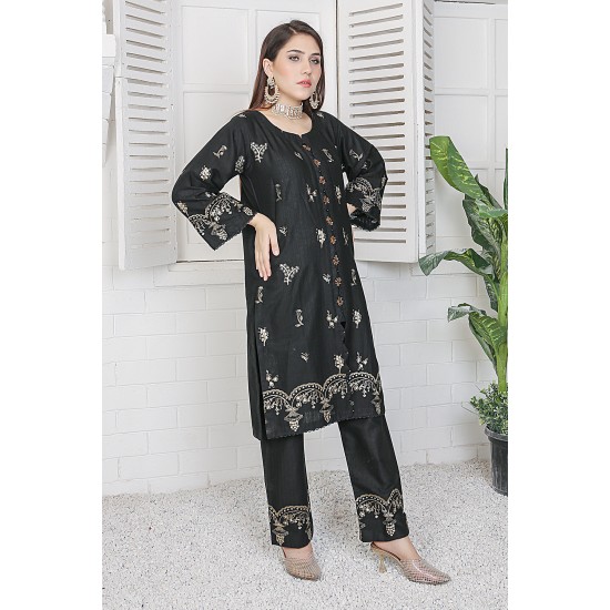 2 Piece Kurti Salwar Embroidery Set - Pure Cotton Collection Stylish Solid Color Light Weight Cotton Fabric Suit Top Bottom Salwar Kameez Indian Pakistani Embroidered Suit For Event Party Outdoor Dress - Black