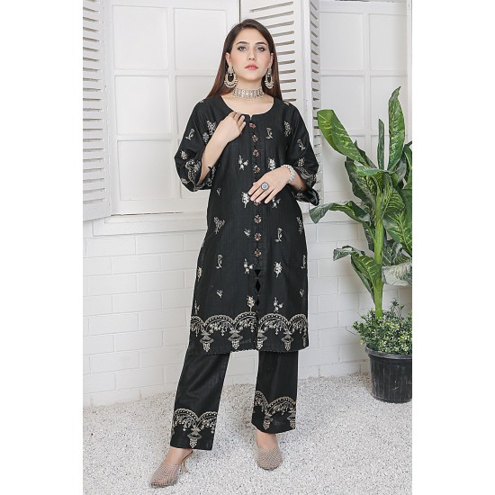 2 Piece Kurti Salwar Embroidery Set - Pure Cotton Collection Stylish Solid Color Light Weight Cotton Fabric Suit Top Bottom Salwar Kameez Indian Pakistani Embroidered Suit For Event Party Outdoor Dress - Black