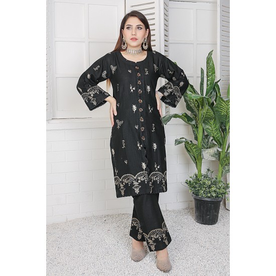 2 Piece Kurti Salwar Embroidery Set - Pure Cotton Collection Stylish Solid Color Light Weight Cotton Fabric Suit Top Bottom Salwar Kameez Indian Pakistani Embroidered Suit For Event Party Outdoor Dress - Black