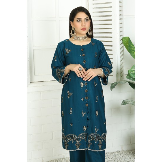 2 Piece Kurti Salwar Embroidery Set - Pure Cotton Collection Stylish Solid Color Light Weight Cotton Fabric Suit Top Bottom Salwar Kameez Indian Pakistani Embroidered Suit For Event Party Outdoor Dress - Dark Blue