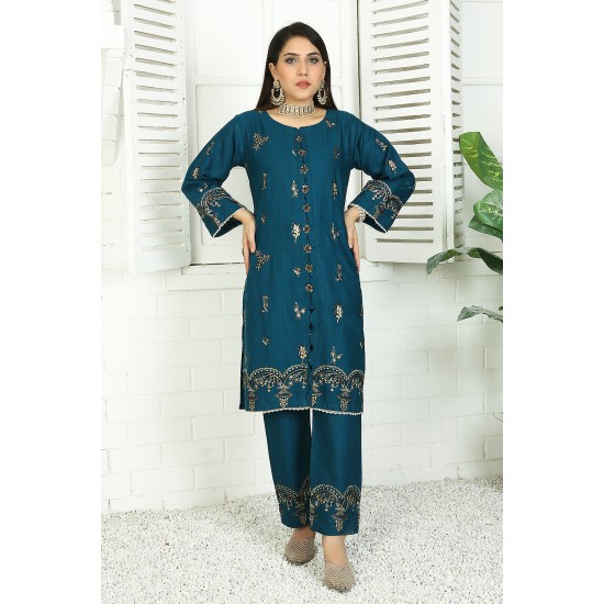 2 Piece Kurti Salwar Embroidery Set - Pure Cotton Collection Stylish Solid Color Light Weight Cotton Fabric Suit Top Bottom Salwar Kameez Indian Pakistani Embroidered Suit For Event Party Outdoor Dress - Dark Blue