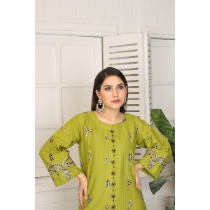 2 Piece Kurti Salwar Embroidery Set - Pure Cotton Collection Stylish Solid Color Light Weight Cotton Fabric Suit Top Bottom Salwar Kameez Indian Pakistani Embroidered Suit For Event Party Outdoor Dress - Green