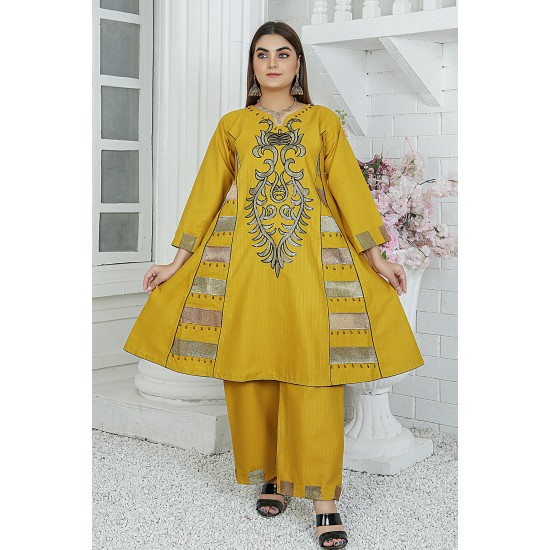 2 Piece Kurti Salwar Embroidery Set - Pure Cotton Collection Stylish Solid Color Light Weight Cotton Fabric Suit Top Bottom Salwar Kameez Indian Pakistani Embroidered Suit For Event Party Outdoor Dress - Golden