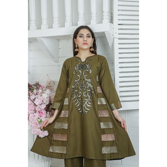 2 Piece Kurti Salwar Embroidery Set - Pure Cotton Collection Stylish Solid Color Light Weight Cotton Fabric Suit Top Bottom Salwar Kameez Indian Pakistani Embroidered Suit For Event Party Outdoor Dress - Dark Green