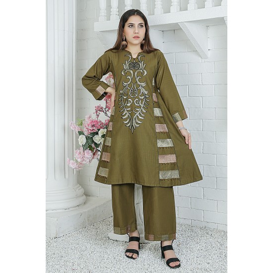 2 Piece Kurti Salwar Embroidery Set - Pure Cotton Collection Stylish Solid Color Light Weight Cotton Fabric Suit Top Bottom Salwar Kameez Indian Pakistani Embroidered Suit For Event Party Outdoor Dress - Dark Green