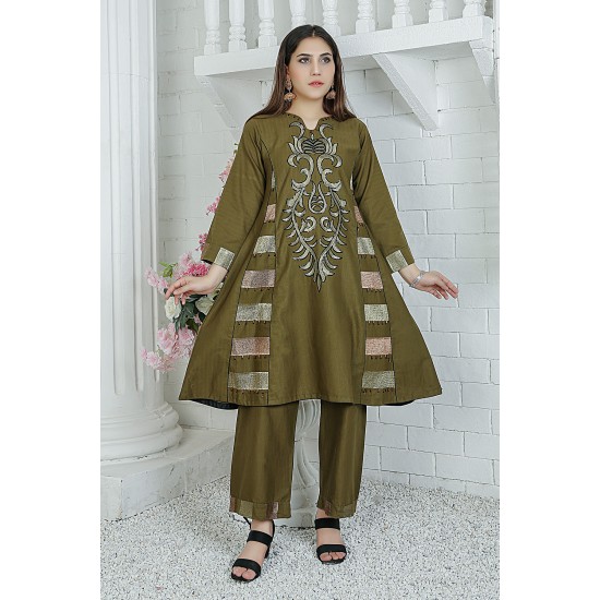 2 Piece Kurti Salwar Embroidery Set - Pure Cotton Collection Stylish Solid Color Light Weight Cotton Fabric Suit Top Bottom Salwar Kameez Indian Pakistani Embroidered Suit For Event Party Outdoor Dress - Dark Green