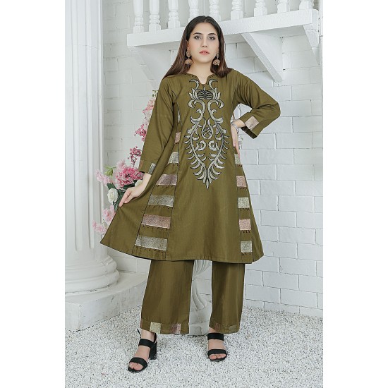 2 Piece Kurti Salwar Embroidery Set - Pure Cotton Collection Stylish Solid Color Light Weight Cotton Fabric Suit Top Bottom Salwar Kameez Indian Pakistani Embroidered Suit For Event Party Outdoor Dress - Dark Green