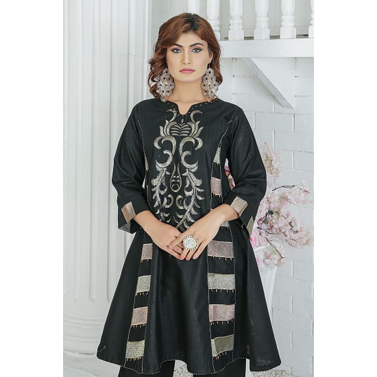 2 Piece Kurti Salwar Embroidery Set - Pure Cotton Collection Stylish Solid Color Light Weight Cotton Fabric Suit Top Bottom Salwar Kameez Indian Pakistani Embroidered Suit For Event Party Outdoor Dress - Black