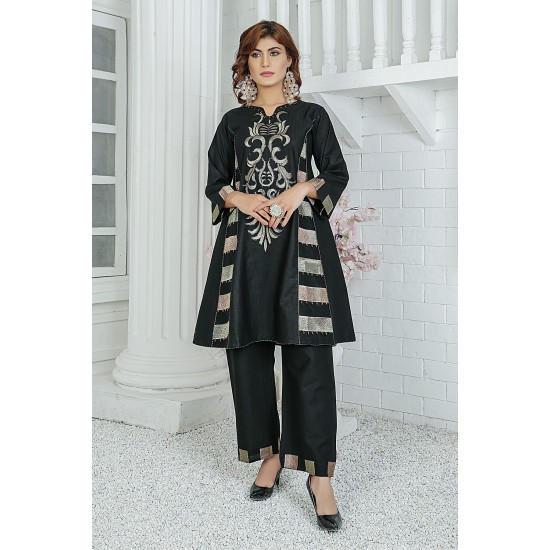 2 Piece Kurti Salwar Embroidery Set - Pure Cotton Collection Stylish Solid Color Light Weight Cotton Fabric Suit Top Bottom Salwar Kameez Indian Pakistani Embroidered Suit For Event Party Outdoor Dress - Black