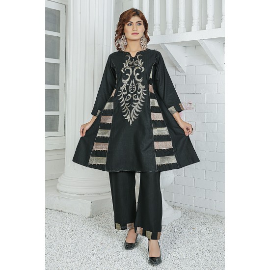 2 Piece Kurti Salwar Embroidery Set - Pure Cotton Collection Stylish Solid Color Light Weight Cotton Fabric Suit Top Bottom Salwar Kameez Indian Pakistani Embroidered Suit For Event Party Outdoor Dress - Black
