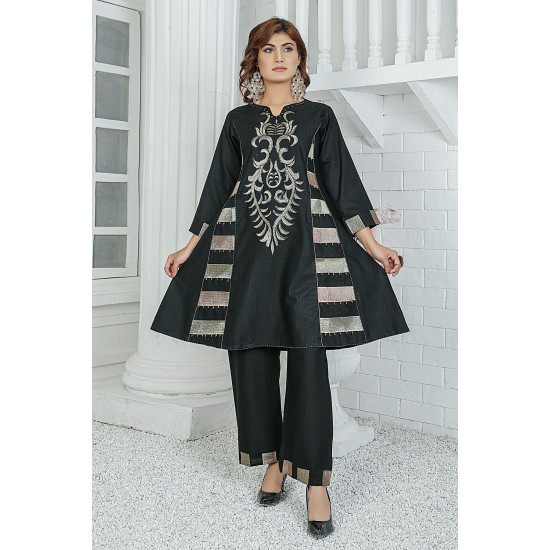 2 Piece Kurti Salwar Embroidery Set - Pure Cotton Collection Stylish Solid Color Light Weight Cotton Fabric Suit Top Bottom Salwar Kameez Indian Pakistani Embroidered Suit For Event Party Outdoor Dress - Black