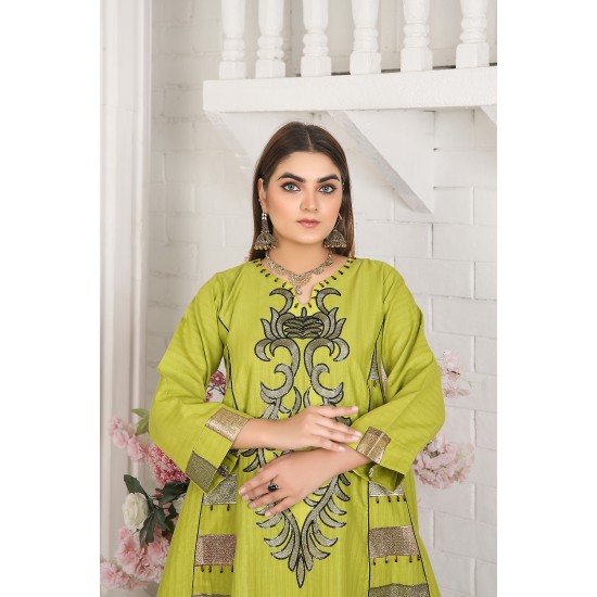 2 Piece Kurti Salwar Embroidery Set - Pure Cotton Collection Stylish Solid Color Light Weight Cotton Fabric Suit Top Bottom Salwar Kameez Indian Pakistani Embroidered Suit For Event Party Outdoor Dress - Green