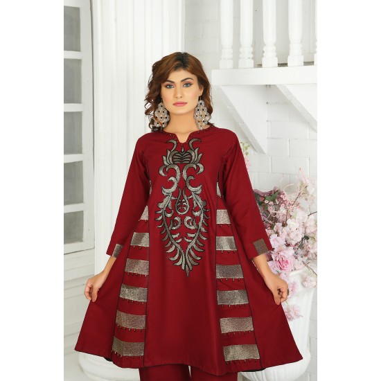 2 Piece Kurti Salwar Embroidery Set - Pure Cotton Collection Stylish Solid Color Light Weight Cotton Fabric Suit Top Bottom Salwar Kameez Indian Pakistani Embroidered Suit For Event Party Outdoor Dress - Maroon 2 Piece Kurti Salwar Embroidery Set - Pure Cotton Collection Stylish Solid Color Light Weight Cotton Fabric Suit Top Bottom Salwar Kameez Indian Pakistani Embroidered Suit For Event Party Outdoor Dress - Maroon