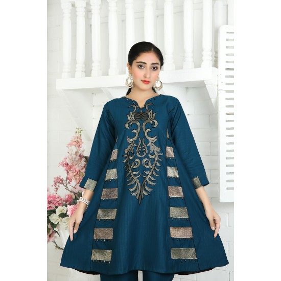 2 Piece Kurti Salwar Embroidery Set - Pure Cotton Collection Stylish Solid Color Light Weight Cotton Fabric Suit Top Bottom Salwar Kameez Indian Pakistani Embroidered Suit For Event Party Outdoor Dress - Dark Blue