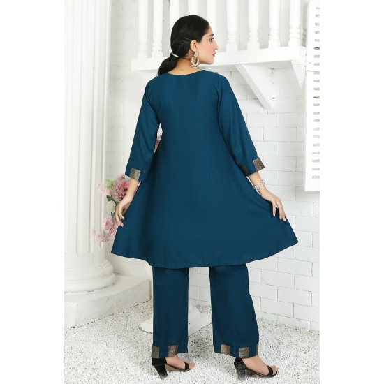 2 Piece Kurti Salwar Embroidery Set - Pure Cotton Collection Stylish Solid Color Light Weight Cotton Fabric Suit Top Bottom Salwar Kameez Indian Pakistani Embroidered Suit For Event Party Outdoor Dress - Dark Blue