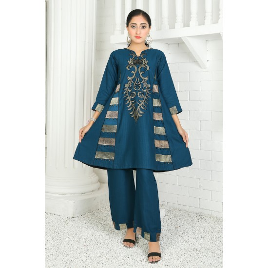 2 Piece Kurti Salwar Embroidery Set - Pure Cotton Collection Stylish Solid Color Light Weight Cotton Fabric Suit Top Bottom Salwar Kameez Indian Pakistani Embroidered Suit For Event Party Outdoor Dress - Dark Blue