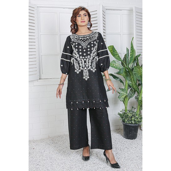 2 Piece Kurti Salwar Embroidery Set - Pure Cotton Collection Stylish Solid Color Light Weight Cotton Fabric Suit Top Bottom Salwar Kameez Indian Pakistani Embroidered Suit For Event Party Outdoor Dress - Black 2 Piece Kurti Salwar Embroidery Set - Pure Cotton Collection Stylish Solid Color Light Weight Cotton Fabric Suit Top Bottom Salwar Kameez Indian Pakistani Embroidered Suit For Event Party Outdoor Dress - Black