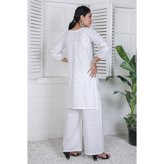 2 Piece Kurti Salwar Embroidery Set - Pure Cotton Collection Stylish Solid Color Light Weight Cotton Fabric Suit Top Bottom Salwar Kameez Indian Pakistani Embroidered Suit For Event Party Outdoor Dress - White