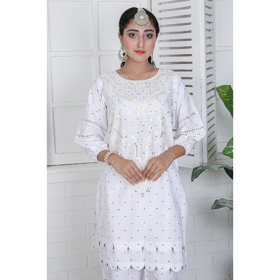 2 Piece Kurti Salwar Embroidery Set - Pure Cotton Collection Stylish Solid Color Light Weight Cotton Fabric Suit Top Bottom Salwar Kameez Indian Pakistani Embroidered Suit For Event Party Outdoor Dress - White