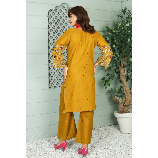 2 Piece Kurti Salwar Embroidery Set - Pure Cotton Collection Stylish Solid Color Light Weight Cotton Fabric Suit Top Bottom Salwar Kameez Indian Pakistani Embroidered Suit For Event Party Outdoor Dress - Golden