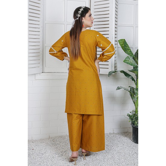2 Piece Kurti Salwar Embroidery Set - Pure Cotton Collection Stylish Solid Color Light Weight Cotton Fabric Suit Top Bottom Salwar Kameez Indian Pakistani Embroidered Suit For Event Party Outdoor Dress - Golden