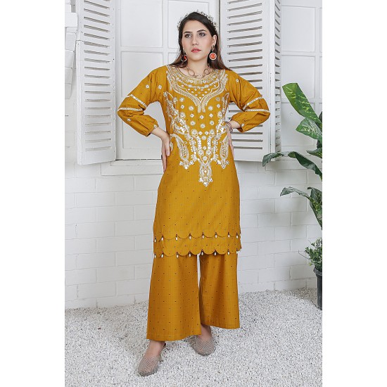 2 Piece Kurti Salwar Embroidery Set - Pure Cotton Collection Stylish Solid Color Light Weight Cotton Fabric Suit Top Bottom Salwar Kameez Indian Pakistani Embroidered Suit For Event Party Outdoor Dress - Golden