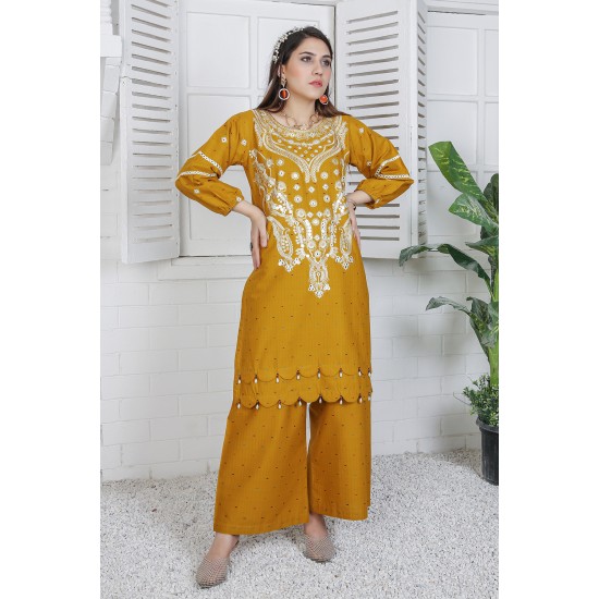 2 Piece Kurti Salwar Embroidery Set - Pure Cotton Collection Stylish Solid Color Light Weight Cotton Fabric Suit Top Bottom Salwar Kameez Indian Pakistani Embroidered Suit For Event Party Outdoor Dress - Golden