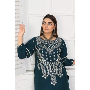 2 Piece Kurti Salwar Embroidery Set - Pure Cotton Collection Stylish Solid Color Light Weight Cotton Fabric Suit Top Bottom Salwar Kameez Indian Pakistani Embroidered Suit For Event Party Outdoor Dress - Dark Blue