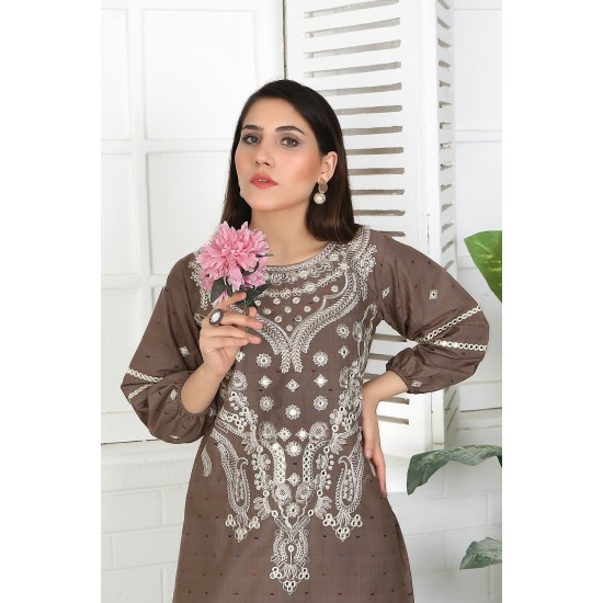 2 Piece Kurti Salwar Embroidery Set - Pure Cotton Collection Stylish Solid Color Light Weight Cotton Fabric Suit Top Bottom Salwar Kameez Indian Pakistani Embroidered Suit For Event Party Outdoor Dress - Khaki