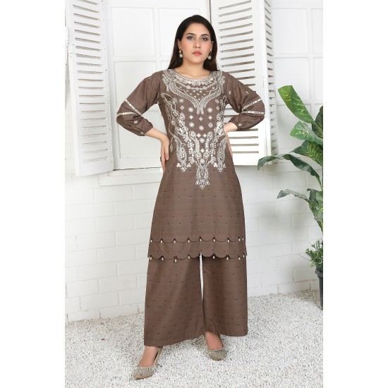 2 Piece Kurti Salwar Embroidery Set - Pure Cotton Collection Stylish Solid Color Light Weight Cotton Fabric Suit Top Bottom Salwar Kameez Indian Pakistani Embroidered Suit For Event Party Outdoor Dress - Khaki