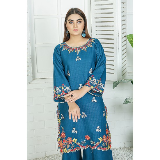 2 Piece Kurti Salwar Embroidery Set - Pure Cotton Collection Stylish Solid Color Light Weight Cotton Fabric Suit Top Bottom Salwar Kameez Indian Pakistani Embroidered Suit For Event Party Outdoor Dress - Dark Blue